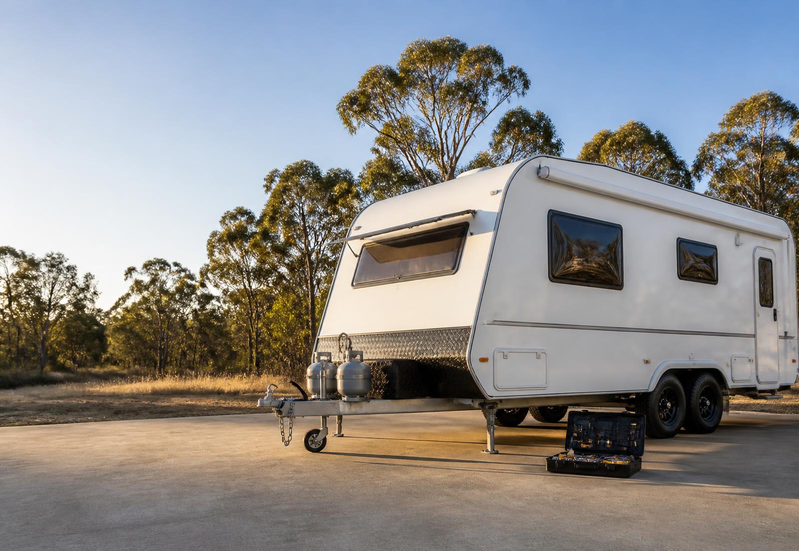 Australian touring caravan parked on a workshop apron with a repair tool case beside it